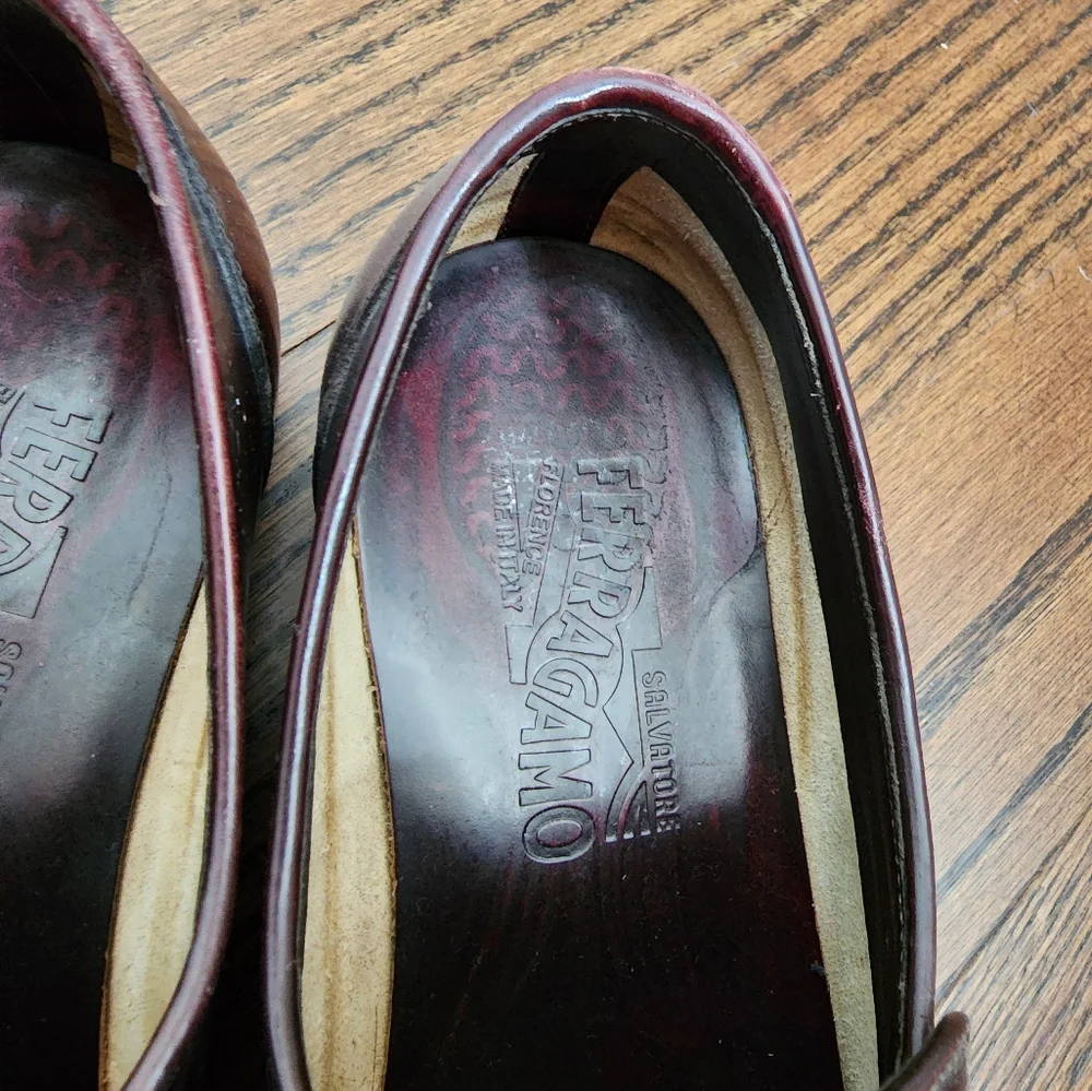 Salvatore Ferragamo Red Brown Leather Squared Toe Slip On Loafers Size 7